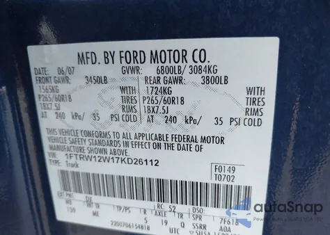 2007 Ford F-150 Xlt z USA, uszkodzony, nr VIN 1FTRW12W17KD26112